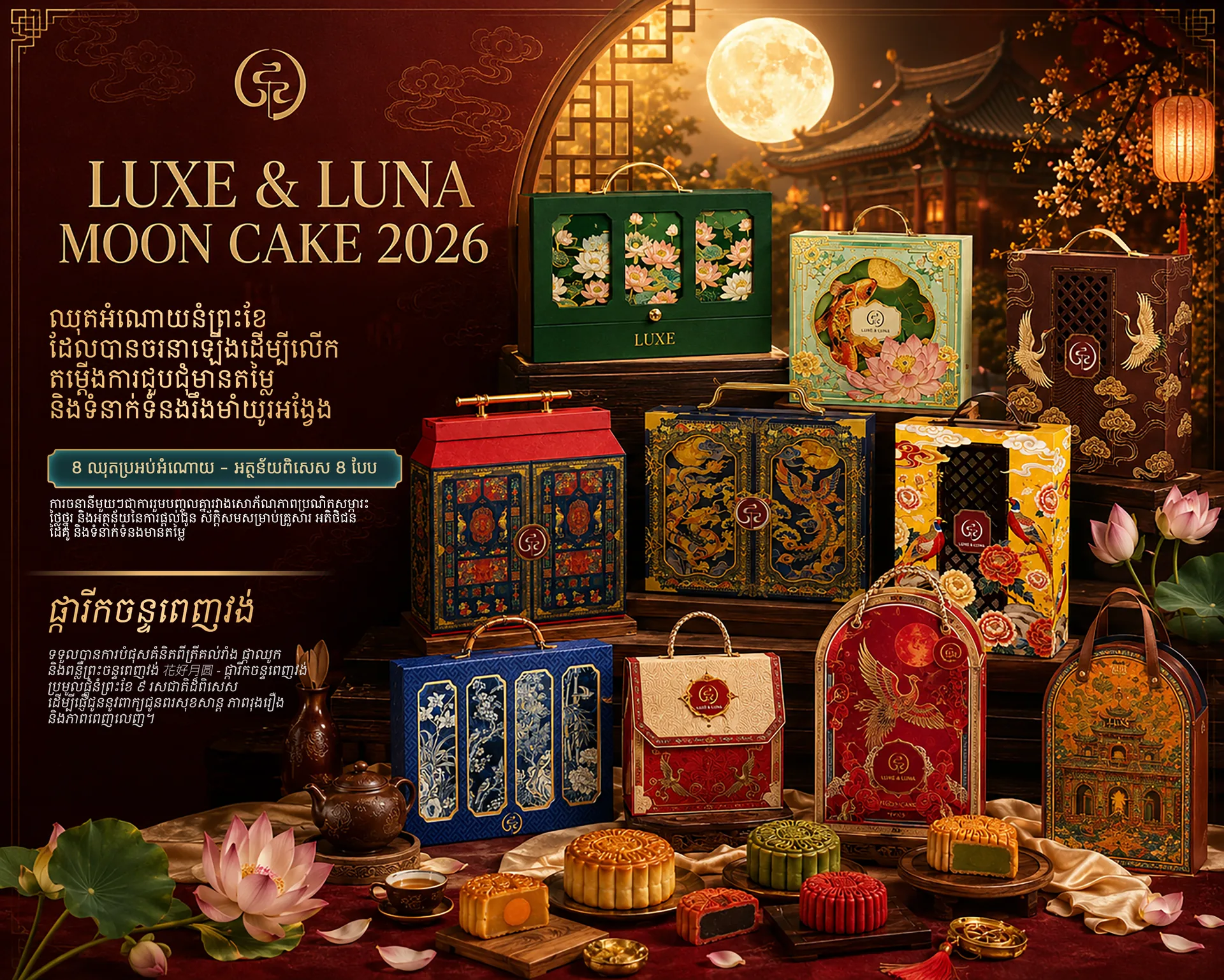 ឈុតកាដូនំព្រះខែ Luxe&Luna ២០២៦ ប្រអប់ក្រហមមាស — Luxe&Luna Mooncake 2026 premium gift boxes, Phnom Penh